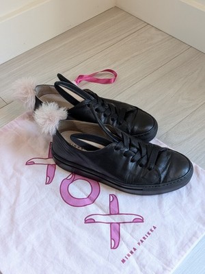 Minna Parikka Leather Lace-Up Bunny Flats Fur Trim Black Pink Women EU 37 US 7
