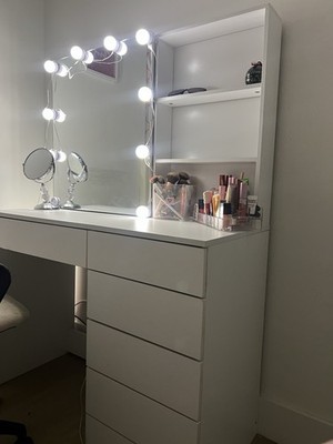 White Modern Wood Vanity Table with Lighted Mirror, Drawers & Shelves