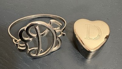 Silver Plated Heart Keepsake Box W/ D Initial & Silver Tone Bracelet D Monogram