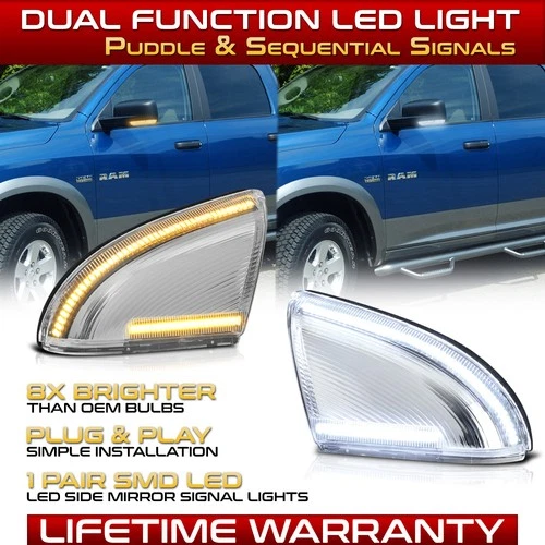 [WHITE&AMBER] For 09-22 Ram Sport Side Mirror Puddle Sequential Signal Light SET