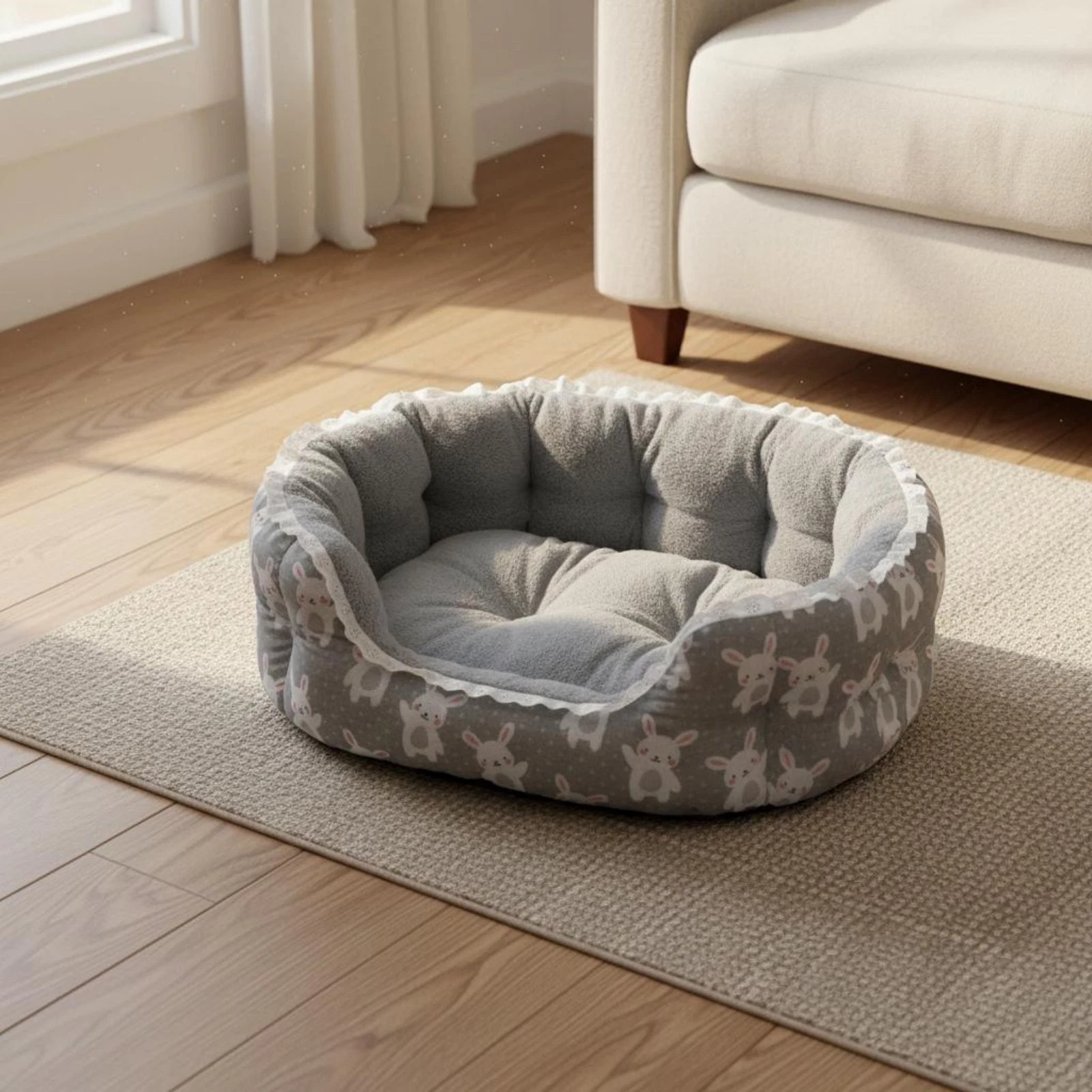 Soft Pet Bed Self Warming Lace Trim Pet Sofa Cartoon Print for Small Dogs