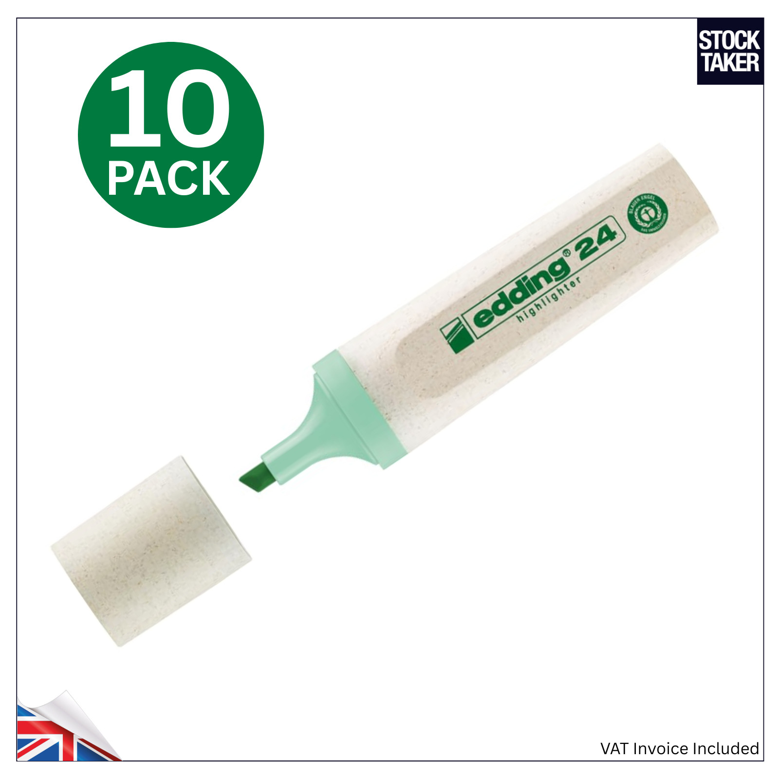 edding Highlighter Pens (Pack of 10) Pastel Green Chisel Tip Refillable VAT Inc