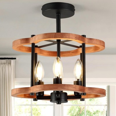 4-Light Rustic Semi Flush Mount Ceiling Light, 13'' Farmhouse Wood Close to Ce...