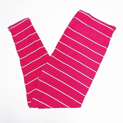 Tween - LuLaRoe Leggings - Bright Pink With White Stripes