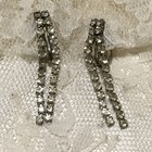 Vintage Rhinestone Clip On Earrings Slender Dangle Pronged Clear Silver tone
