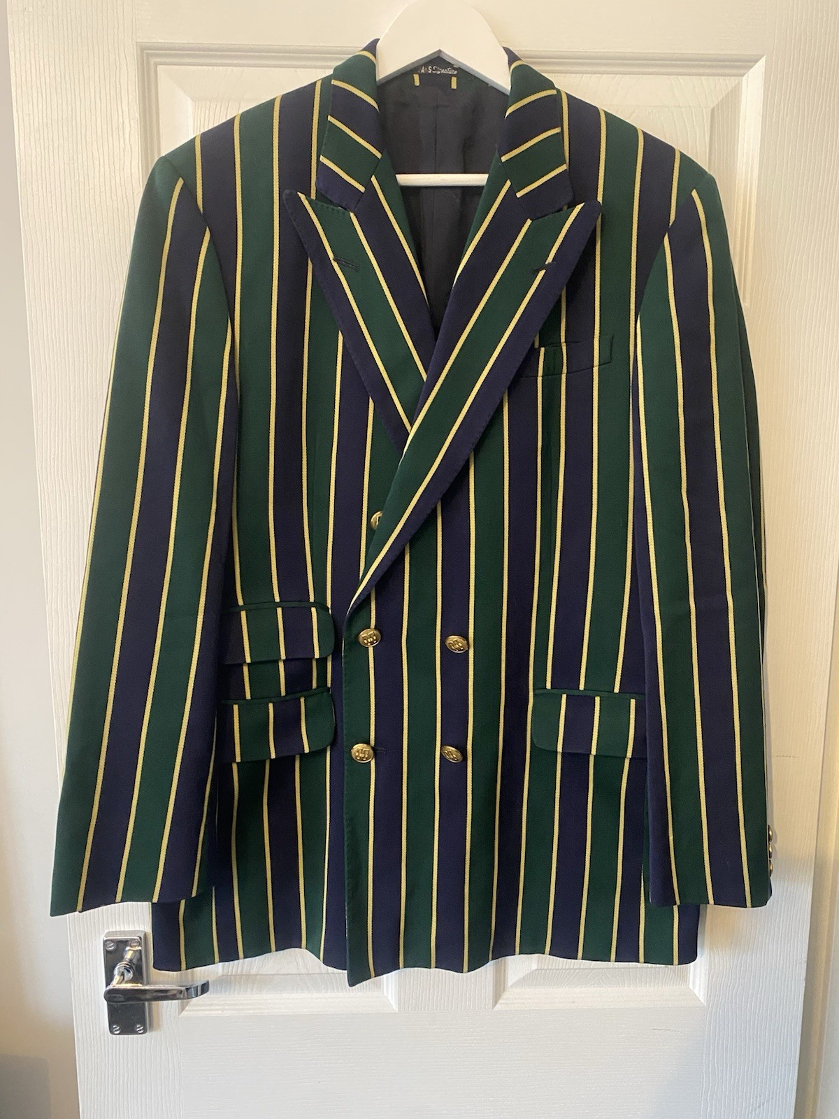 Vintage DAKS London Striped Cricket Blazer Mens 40L Wool Cotton Club Jacket Long
