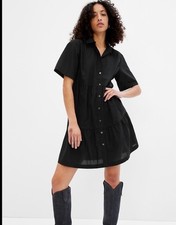 GAP Tiered Mini Cotton Lightweight Shirtdress With Pocket Black Short Sleeve M