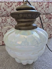 VTG Swag Hanging Chandelier Lamp Light Pearl White Iridescent Glass MCM Large