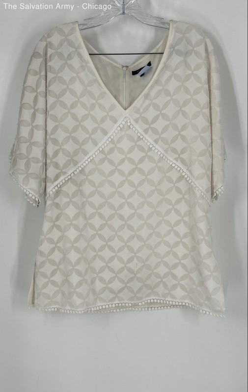 St. John Womens Cream White Geometric V-Neck 3/4 Sleeve Tunic Blouse Top Size M