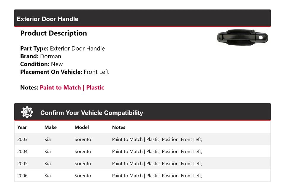 Передняя левая наружная дверная ручка для KIA Sorento Dorman 2003-2006 годов выпуска 2004 2005 годов выпуска - Изображение 2 из 4