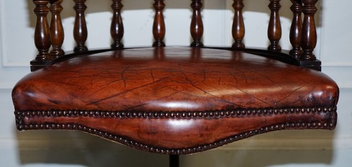 ANTIQUE HAND DYED BROWN LEATHER CHESTERFIELD CAPTAINS OFFICE SWIVEL ARMCHAIR - Picture 10 of 16