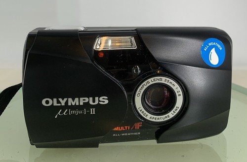 Olympus MJU II 35mm ALL WEATHER FILM CAMERA BLACK WITH COVER TESTED + TIN #492 - Picture 2 of 8