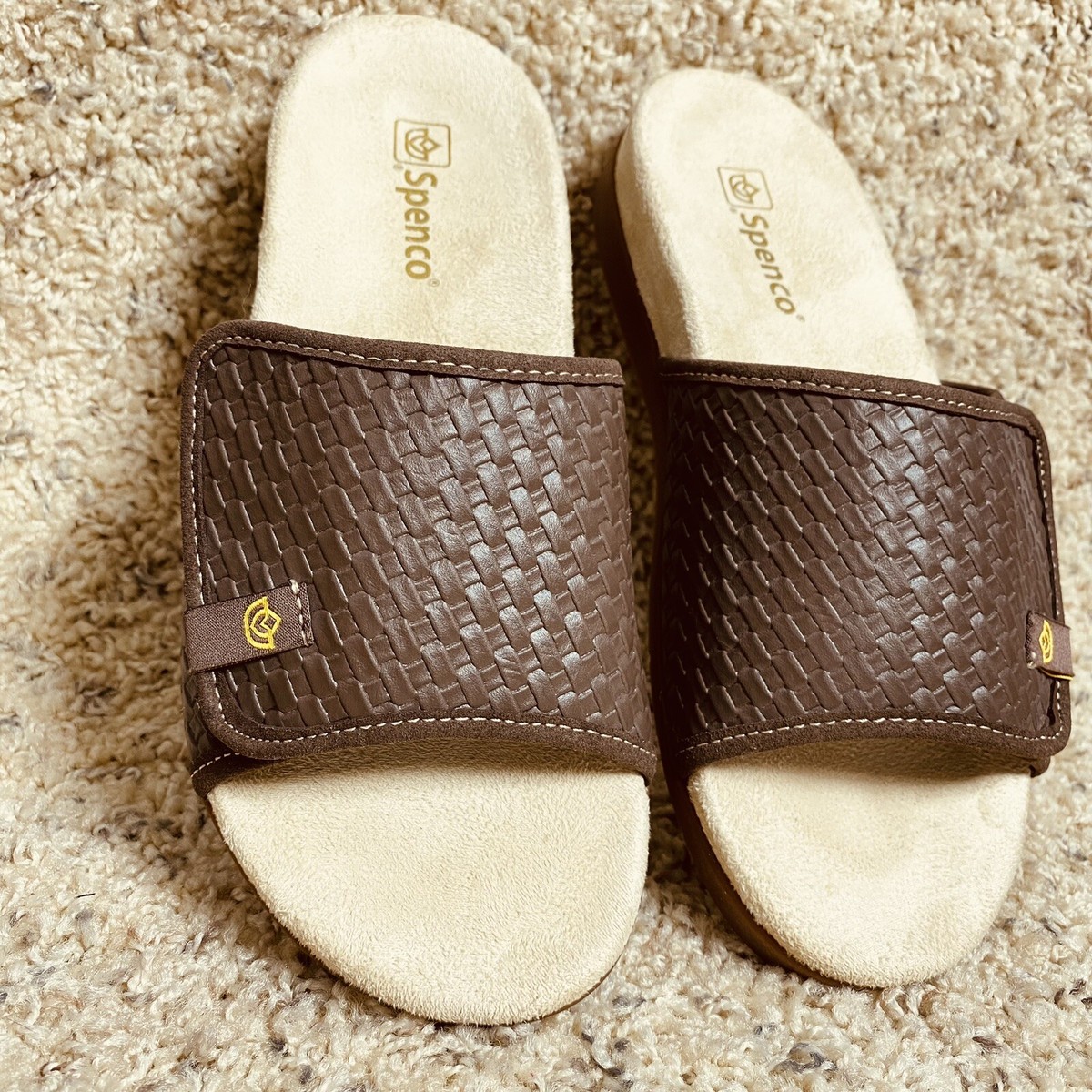 Spenco Charlotte Slide Sandals Slip On Brown with Hook Loop Size