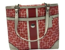 Coach Signature Stripe Red & Pink Canvas & Le...