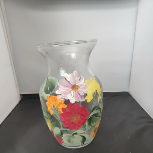 Vintage Hand Painted Clear Glass Vase With Handpainted Flowers 8