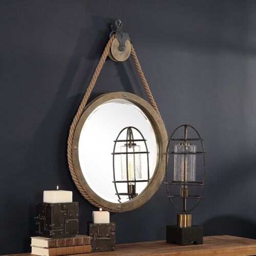 PAIR DESIGNER WESTERN INDUSTRIAL 25" WALL VANITY MIRRORS PULLEY STYLE HANGER - Picture 5 of 6