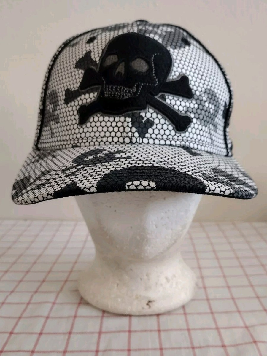 J Dempsey Skull & Crossbones Cap Hat Black White Size M Fitted