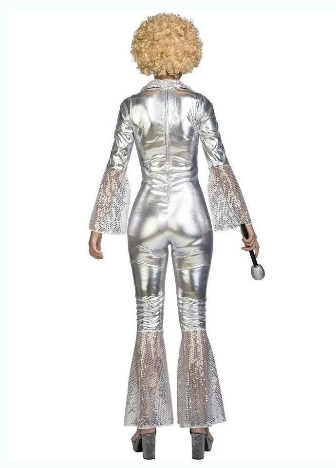 Deluxe Ladies Dancing Queen 1970's 70s Costume 70's Disco Silver Groovy Jumpsuit - Image 4 of 4