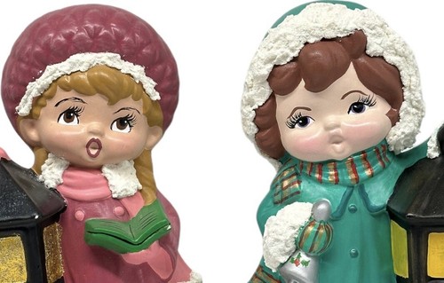 Pair Vintage Ceramic Christmas Carolers with Lanterns 9.5" Tall Boy Girl - Picture 3 of 13
