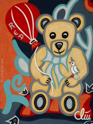 JACQUELINE DITT - Teddy Red Balloon and Bird Gemälde 2022 Teddybär - Bild 1 von 2