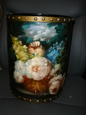 Vintage Lacquered Wood Wastebasket Brass Trimmed Trash Can Hand Painted Flowers