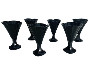 6- Luminarc France Black Glass Lily-shaped Footed Sherbet Dessert Dishes VINTAGE