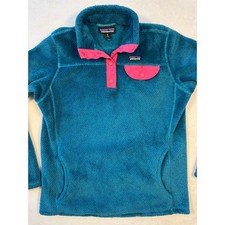 Patagonia Girls Snap T Fleece Pull Over Jacket Sweatshirt Fuzzy Green Pink XL 14