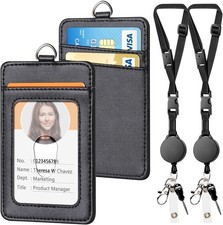 2 Pack Leather Badge Holder and Adjustable Retractable Lanyards, Quick Release B