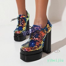 Women's Super High Block Heels Platform Sequins Lace Up Shoes Dance Party Stage