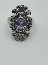 VTG Sterling Silver Amethyst  Marcasite Cocktail Ring Size 7.5