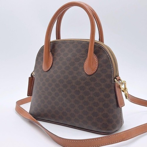 CELINE Macadam Top Handle Crossbody Bag Brown Gold 2 Way Auth