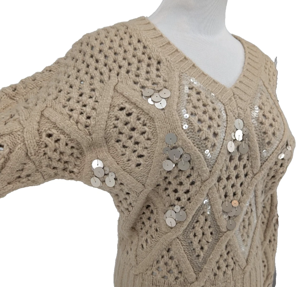 WHBM Sequin Cable Knit Sweater Beige Chunky Embellished Cozy Glam XS Holiday - Image 4 of 4