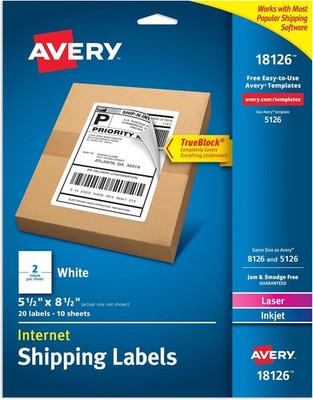Avery Half-Sheet Shipping Labels 5.5x8.5 White 20 Pack