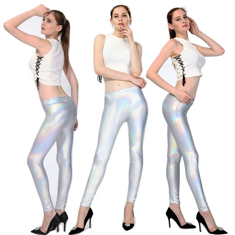 Mujer Elástico Brillante Metálico Leggings Brillantes Neón Suave Brillante Lápiz Pantalones Foto 2 de 4