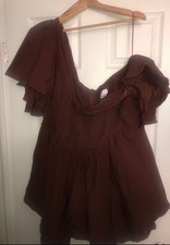 ASOS LUXE Curve Brown 1 shoulder cotton Mini dress with corset detail & ruffles