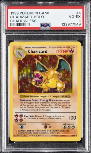 1999 POKEMON BASE SET SHADOWLESS #4 CHARIZARD-HOLO PSA 4