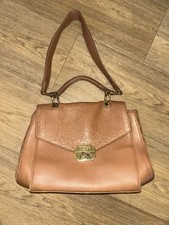 BIBA Heritage Tan Leather Handbag | Embossed Flap & Suede Sides | Gold Hardware