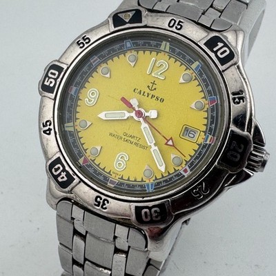VTG Calypso Quartz Watch Men Silver Yellow Rotating Bezel Date New Battery 7''