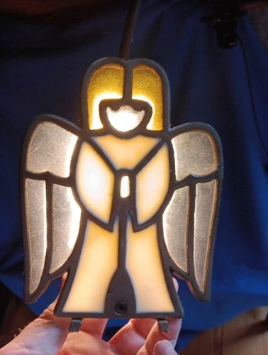 Vintage Cast Iron Stained Glass Angel Tiffany Style  Holiday Candle Holder