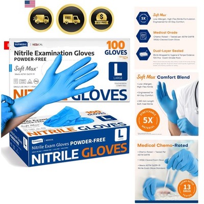 Medical Soft Max Nitrile Exam Gloves, 100 Count Latex-Free Powder-Free Non-St...