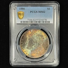 1886 $1 MS62 Toned Morgan Dollar - PCGS Gold Shield - Beautiful Rainbow Toning