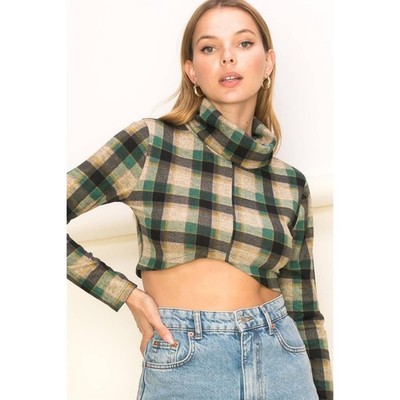 Green and Khaki Plaid Long Sleeve Cropped Turtleneck 