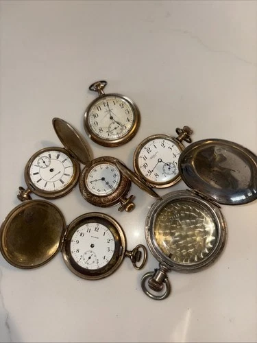 Antique Lot Of 6 Pocket watches For Repair/ Parts Coin, Gold Filled, Waltham Etc