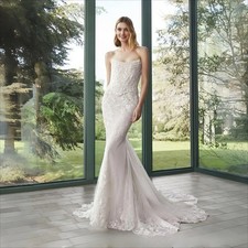 Romantic Strapless Wedding Dress Sweetheart Lace Decal Mermaid Train Bride Gown