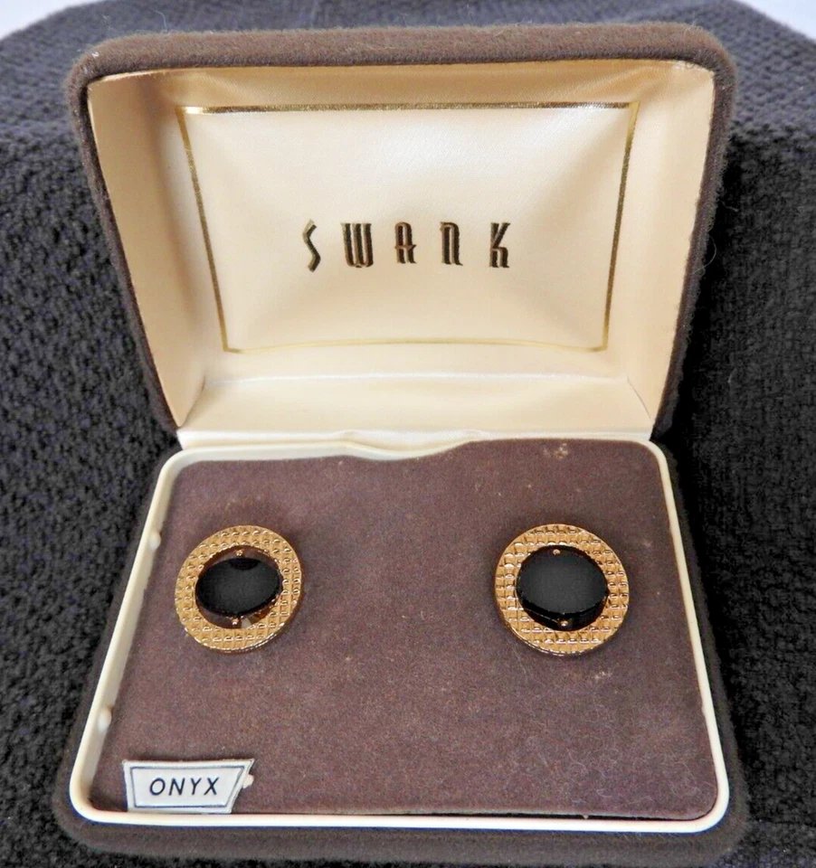 Vintage Swank de Valeur Grand Onyx Noir Boutons Manchette Hommes Original Boite - Photo 1/4