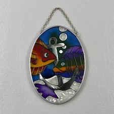 Colorful Stained Glass Fish  Anchor Suncatcher 5" Oval Vibrant Sea Ocean