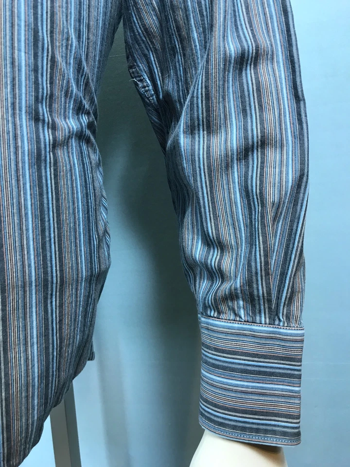 Mens Martin Gordon Large Smoke Coin Beige Barcode Striped 100% Cotton L/S Shirt - Image 3 of 4