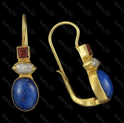 FAUX LAPIS GEM Vtg Retro DROP Red Crystal EARRINGS Gold/Blue Gemstone Leverback - Picture 6 of 6