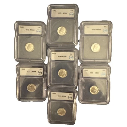 90% Silver Roosevelt Dimes ICG MS64,65 & 66 Slabbed Lot of  7 Random Years
