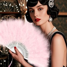 Marabou Feather Fans Handheld, 1920s Vintage Gatsby Style Flapper Folding PINK